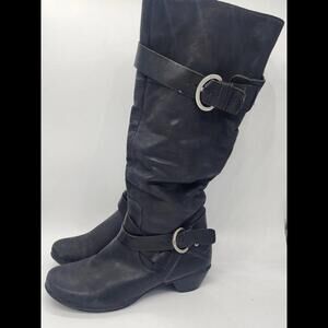 Pikolinos Womens Leather Tall Knee High Boots Size 39 Black Buckle Chunk Heel